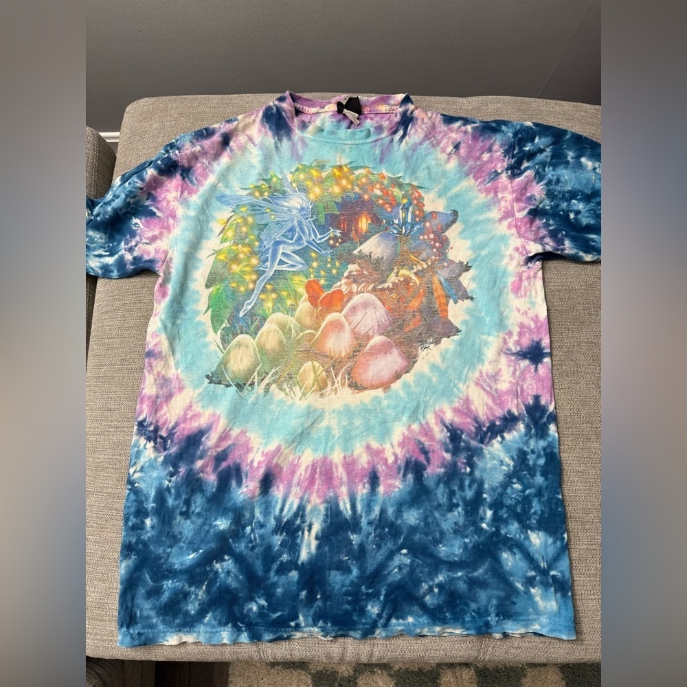VTG 1999 Y2K Fairy Fantasy Mushroom Liquid Blue Size L T-Shirt Tie Dye Hippie
